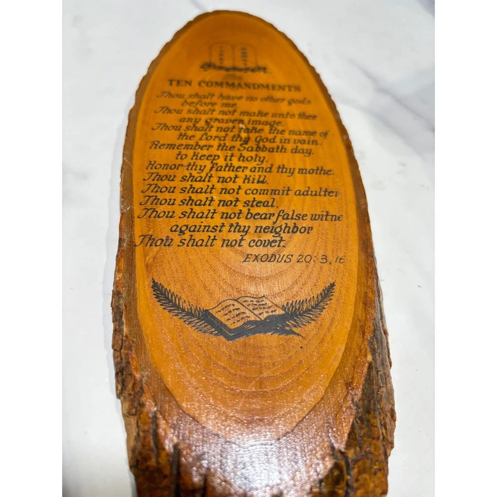 Vintage Ten Commandments Live Edge Wood Slab Plaque Rustic Religious Wall Decor